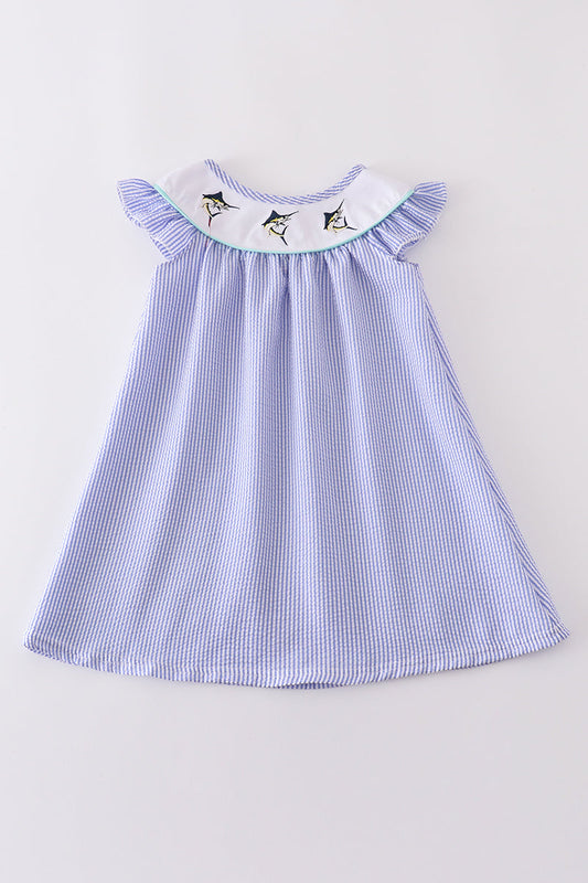 Blue stripe seersucker swordfish embroidery dress - Cloudling Kids Clothing