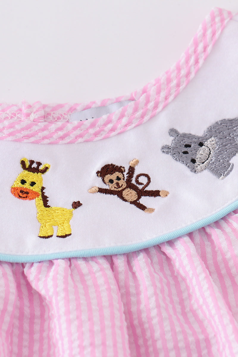 Pink seersucker animal embroidery set - Cloudling Kids Clothing
