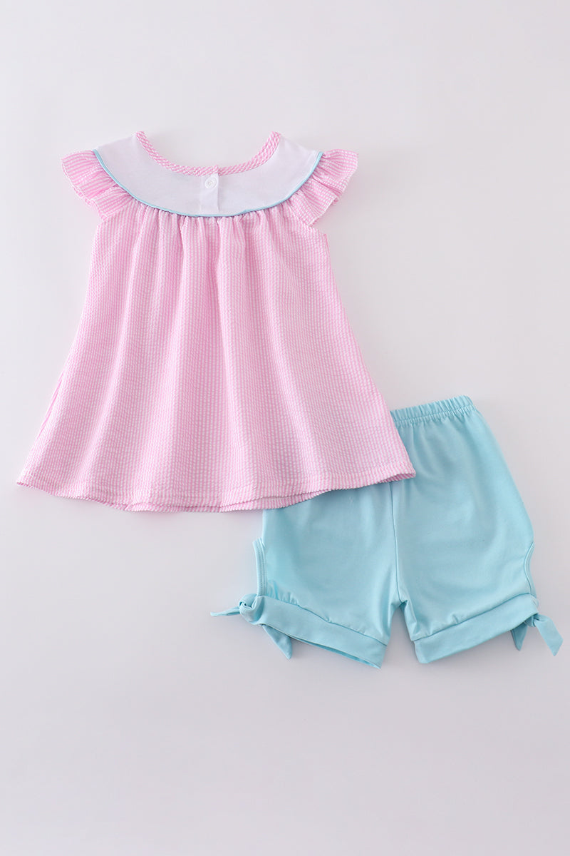 Pink seersucker animal embroidery set - Cloudling Kids Clothing