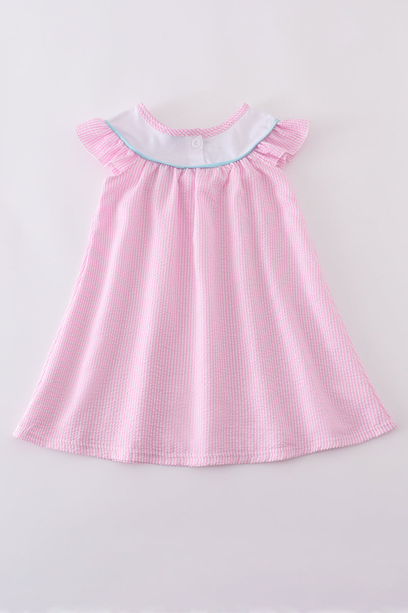 Pink seersucker animal embroidery dress - Cloudling Kids Clothing