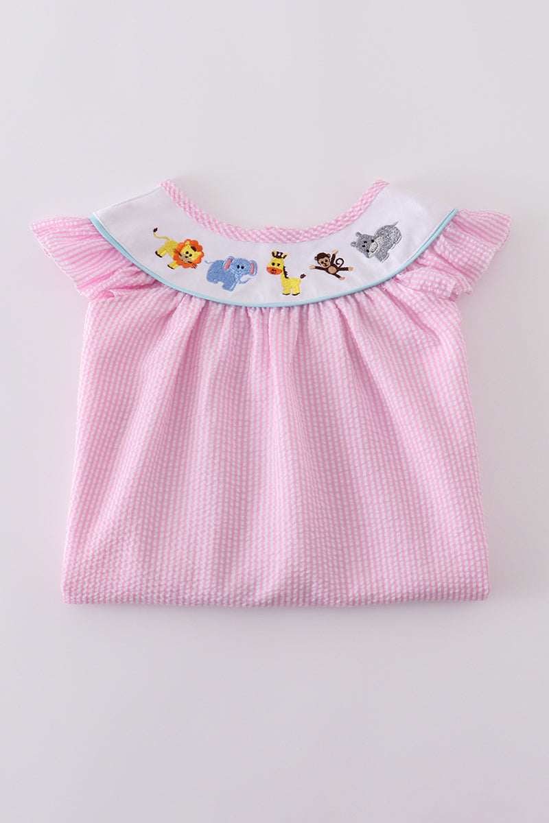 Pink seersucker animal embroidery dress - Cloudling Kids Clothing