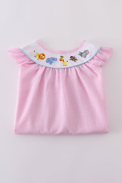Pink seersucker animal embroidery dress - Cloudling Kids Clothing