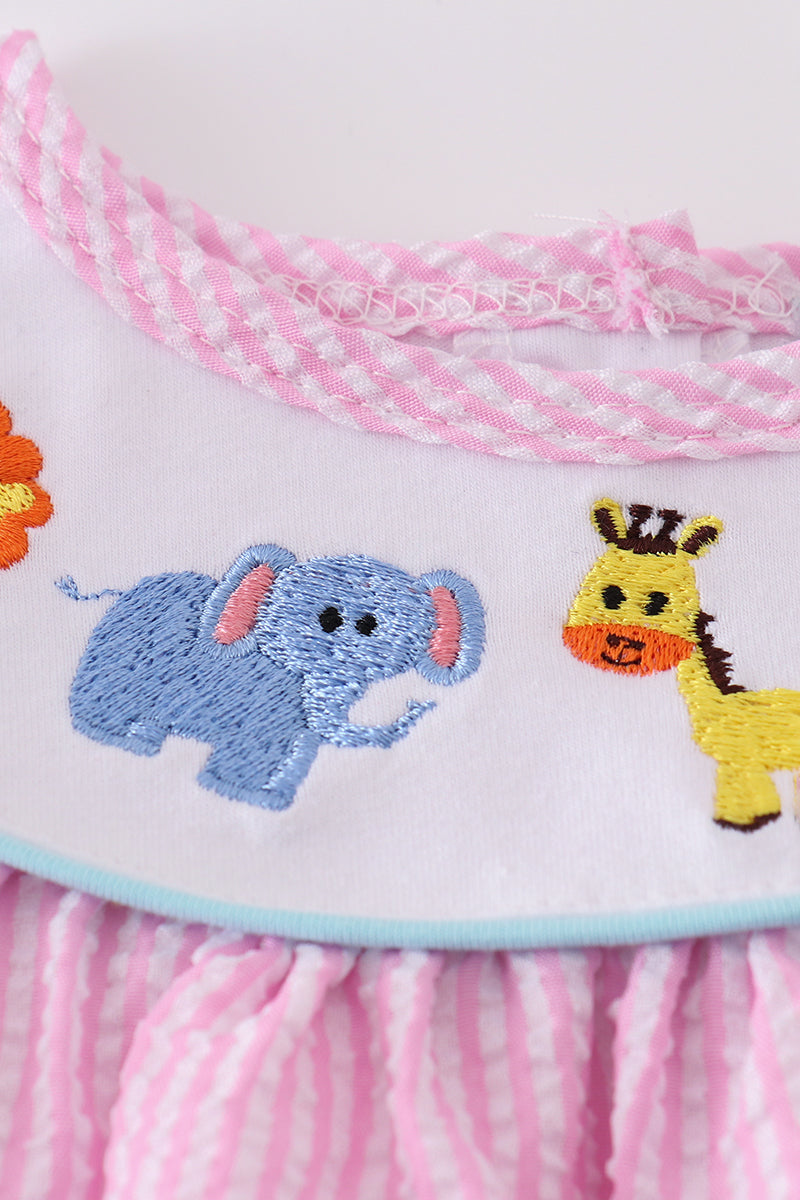 Pink seersucker animal embroidery dress - Cloudling Kids Clothing