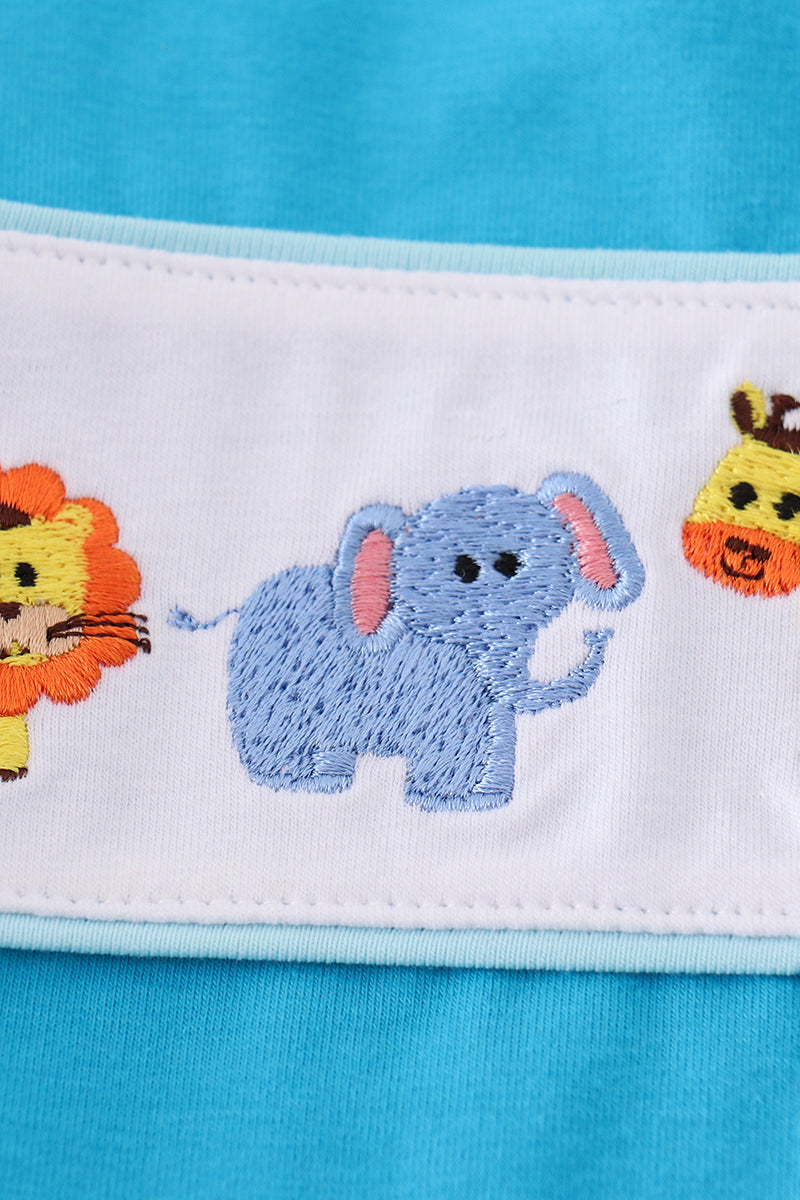 Blue seersucker animal embroidery set - Cloudling Kids Clothing