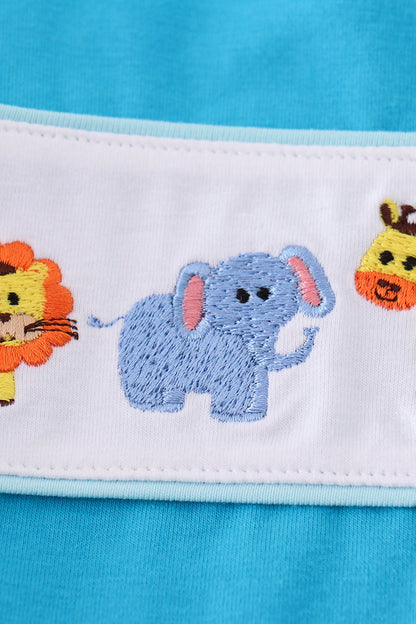 Blue seersucker animal embroidery set - Cloudling Kids Clothing