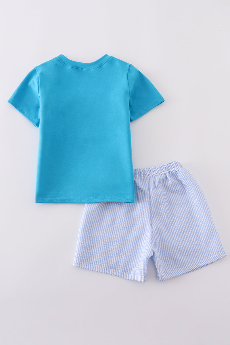 Blue seersucker animal embroidery set - Cloudling Kids Clothing