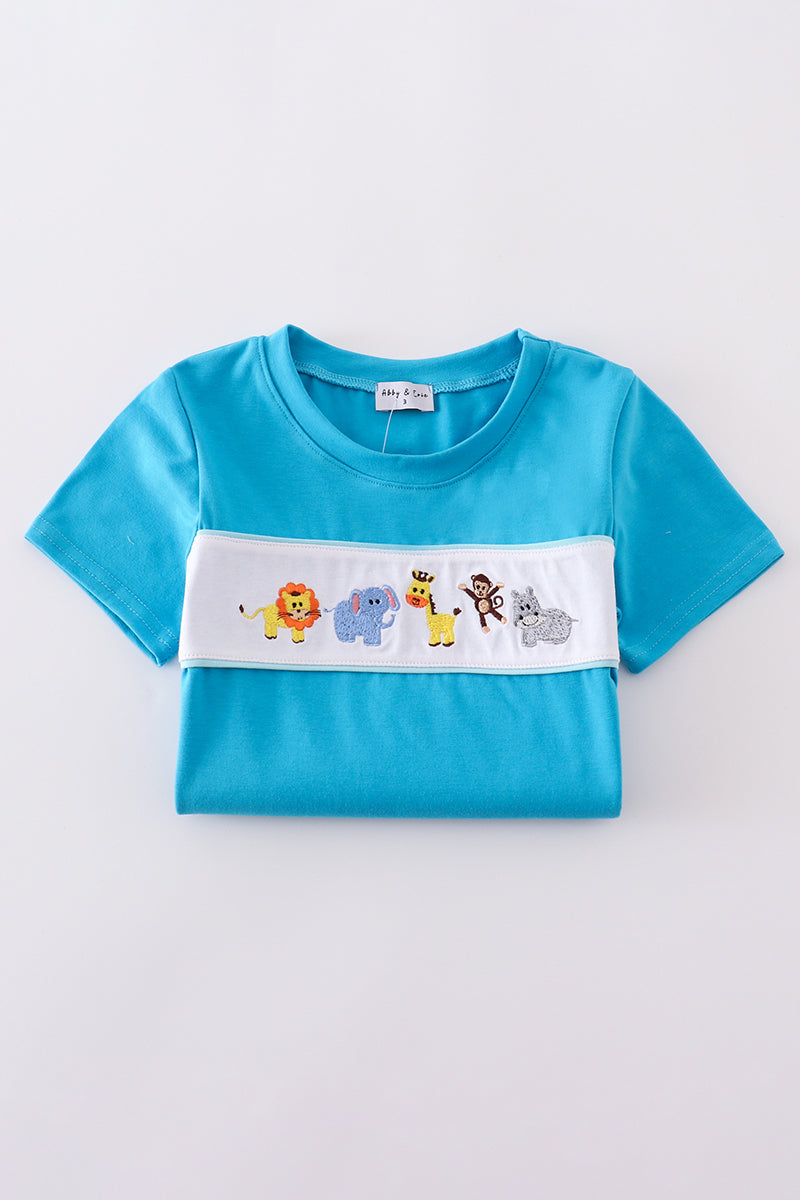 Blue seersucker animal embroidery set - Cloudling Kids Clothing