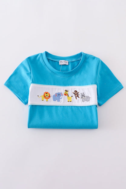 Blue seersucker animal embroidery set - Cloudling Kids Clothing