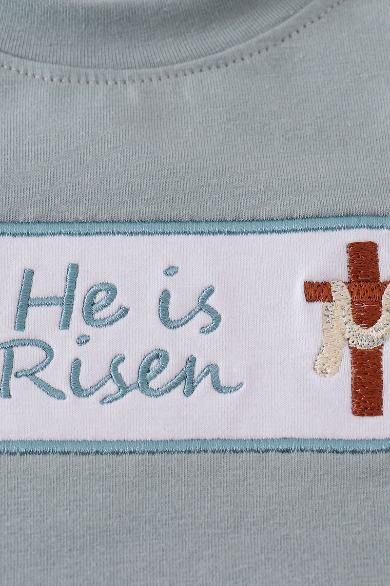 Blue he is risen embroidery top - Cloudling Kids Clothing