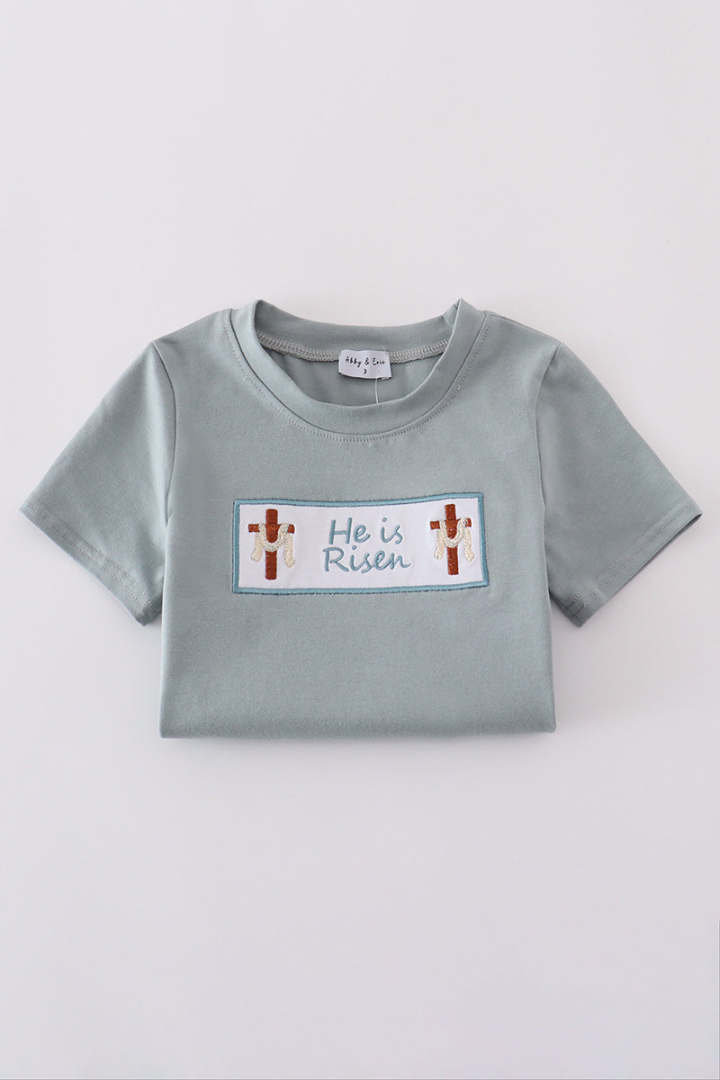 Blue he is risen embroidery top - Cloudling Kids Clothing