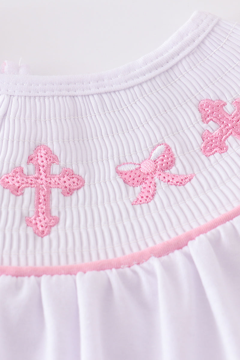 Pink cross embroider smocked bloomer set - Cloudling Kids Clothing