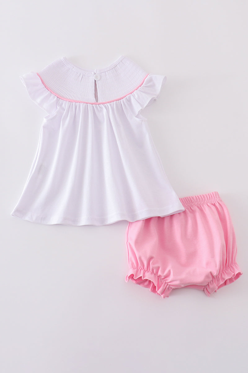 Pink cross embroider smocked bloomer set - Cloudling Kids Clothing