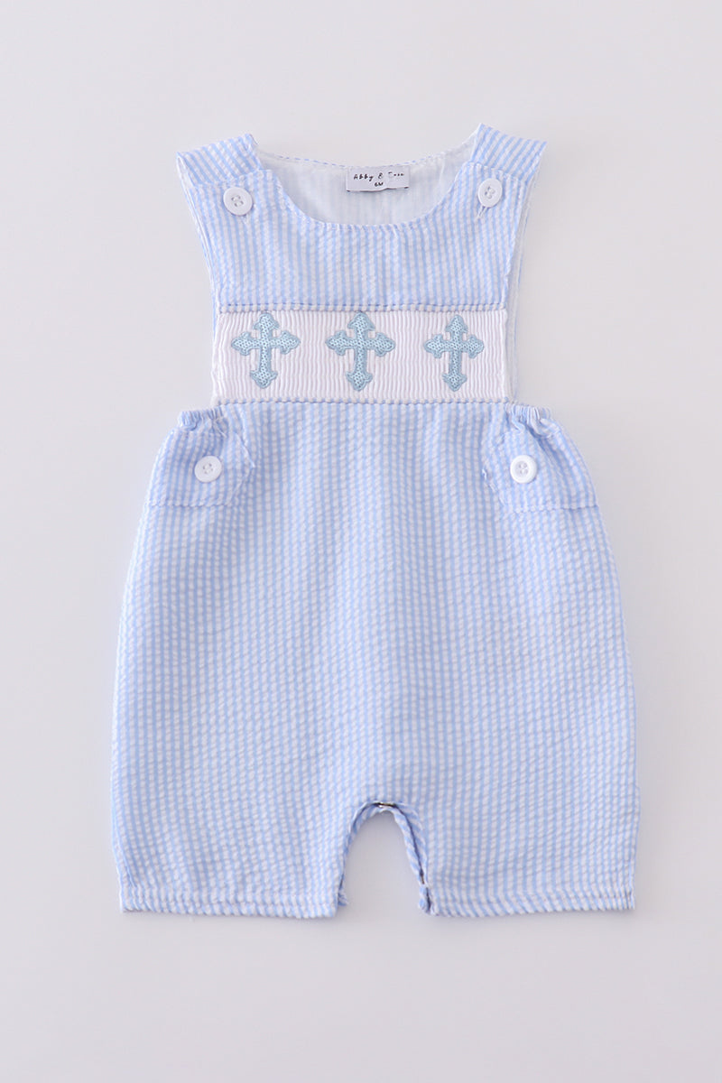Blue cross embroider smocked set - Cloudling Kids Clothing
