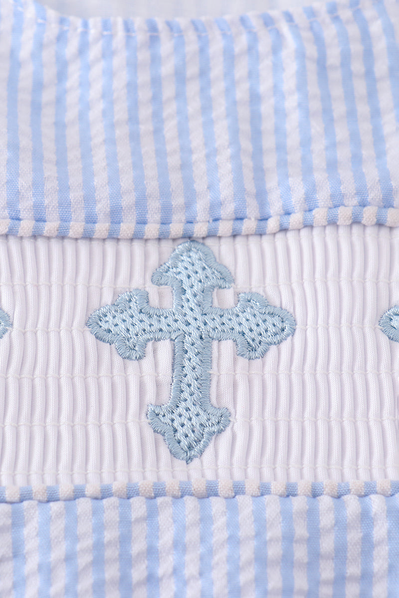 Blue cross embroider smocked set - Cloudling Kids Clothing
