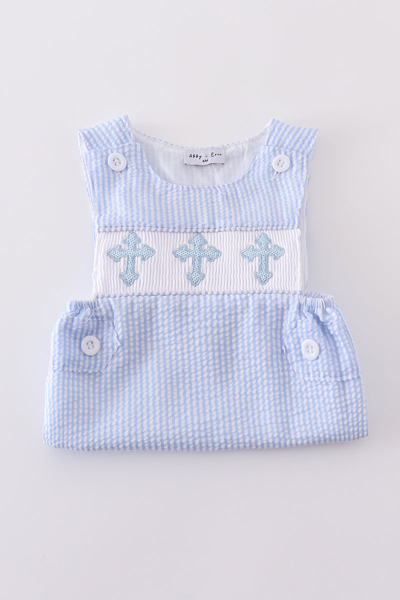 Blue cross embroider smocked set - Cloudling Kids Clothing