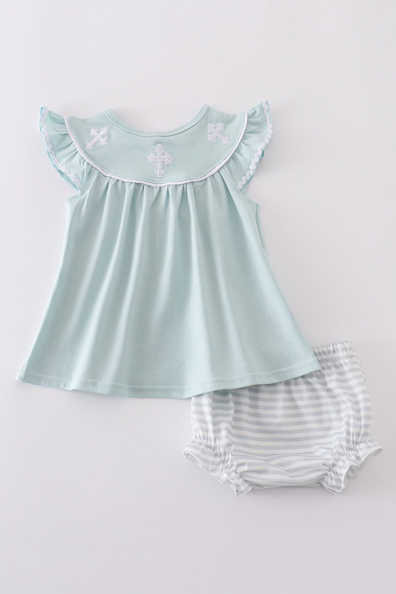 Blue cross embroidery bloomer set - Cloudling Kids Clothing