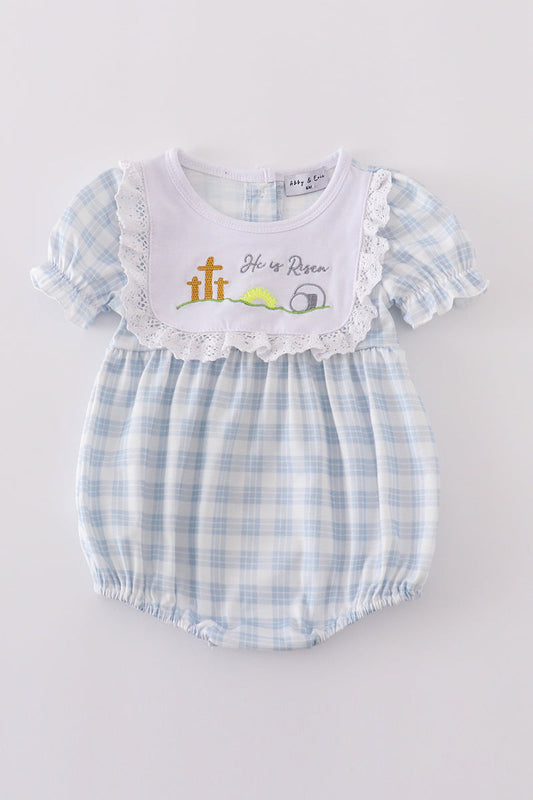 Blue plaid he is risen embroidery bubble - Cloudling Kids Clothing