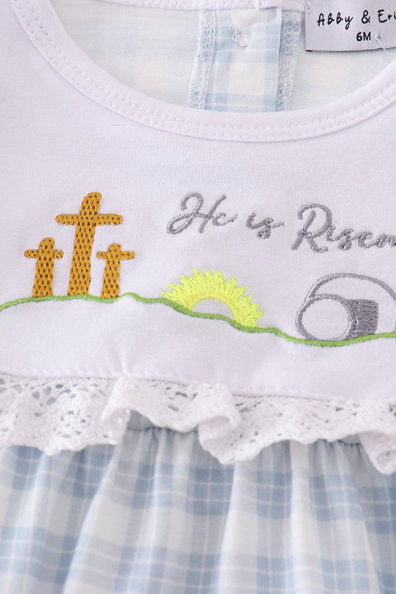 Blue plaid he is risen embroidery bubble - Cloudling Kids Clothing