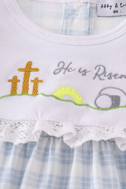 Blue plaid he is risen embroidery bubble - Cloudling Kids Clothing