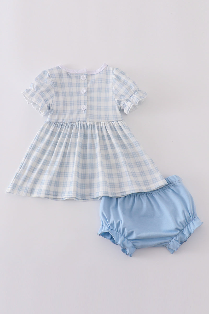 Blue plaid he is risen embroidery bloomer set - Cloudling Kids Clothing
