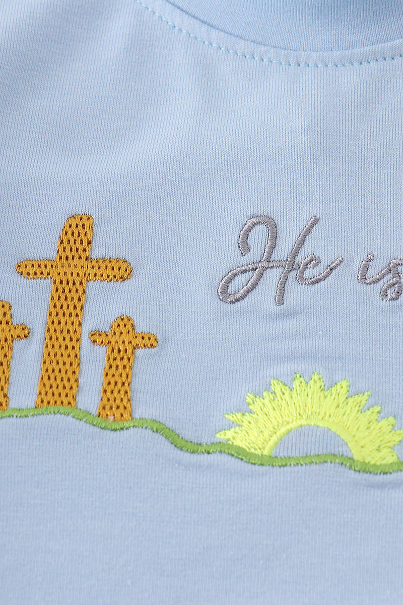 Blue plaid he is risen embroidery bloomer set - Cloudling Kids Clothing