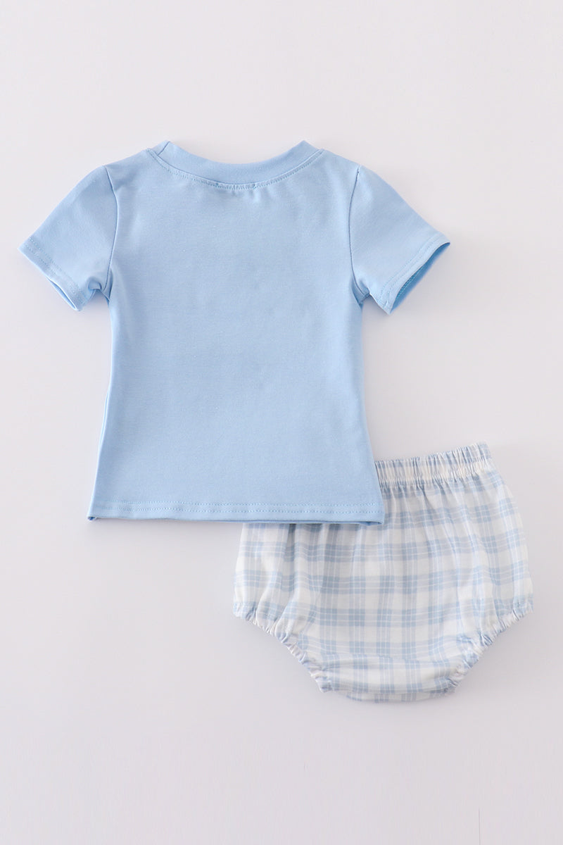 Blue plaid he is risen embroidery bloomer set - Cloudling Kids Clothing