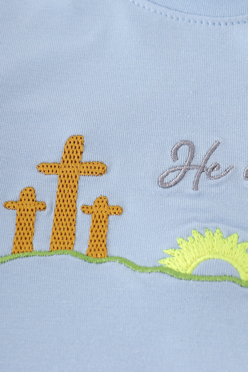 Blue plaid he is risen embroidery  set - Cloudling Kids Clothing