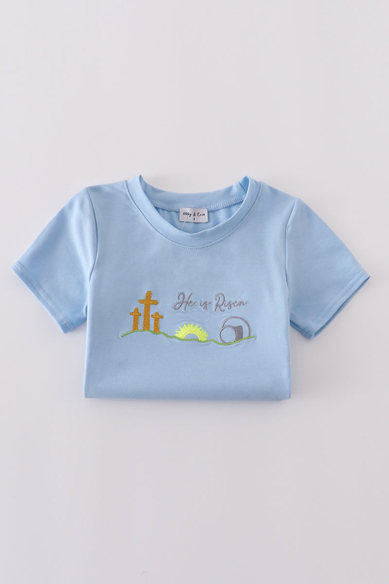 Blue plaid he is risen embroidery  set - Cloudling Kids Clothing