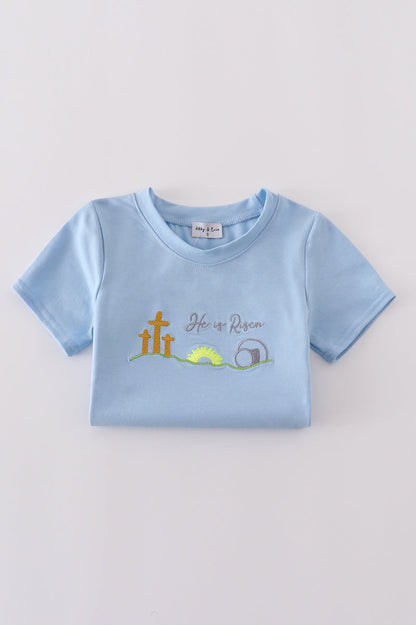 Blue plaid he is risen embroidery  set - Cloudling Kids Clothing