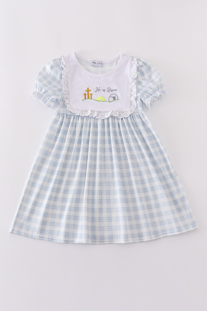 Blue plaid he is risen embroidery dress - Cloudling Kids Clothing