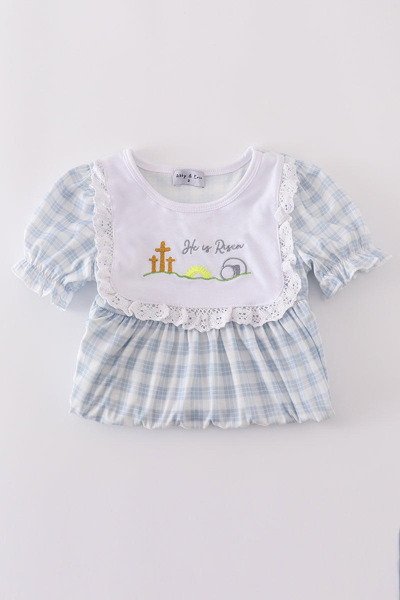 Blue plaid he is risen embroidery dress - Cloudling Kids Clothing