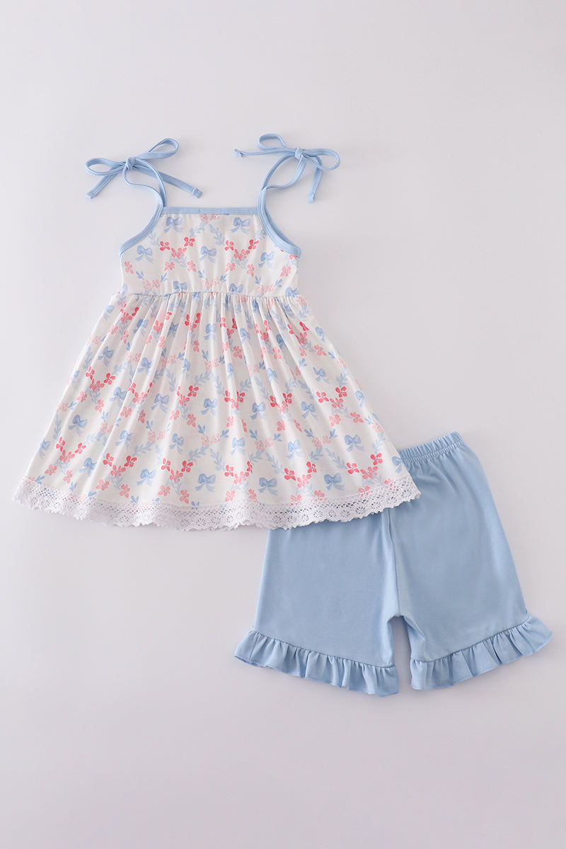 Blue bow lattice print set - Cloudling Kids Clothing