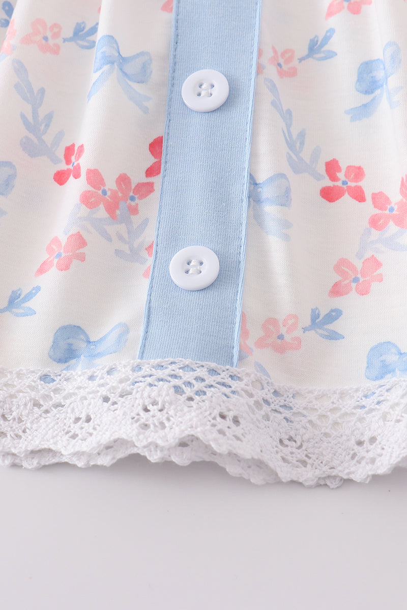 Blue bow lattice print  bloomer set - Cloudling Kids Clothing