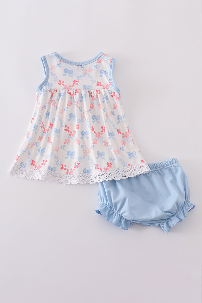 Blue bow lattice print  bloomer set - Cloudling Kids Clothing