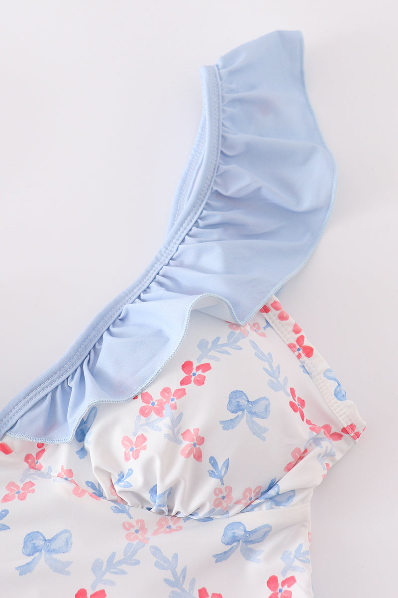 Blue bow lattice print  mom swimsuit - Cloudling Kids Clothing
