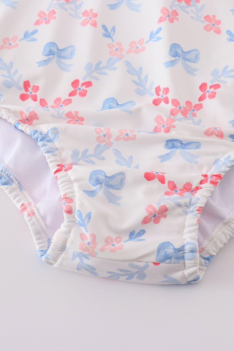 Blue bow lattice print  mom swimsuit - Cloudling Kids Clothing