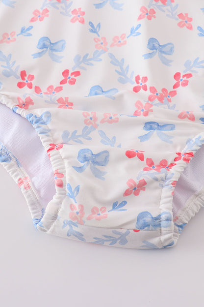 Blue bow lattice print  mom swimsuit - Cloudling Kids Clothing