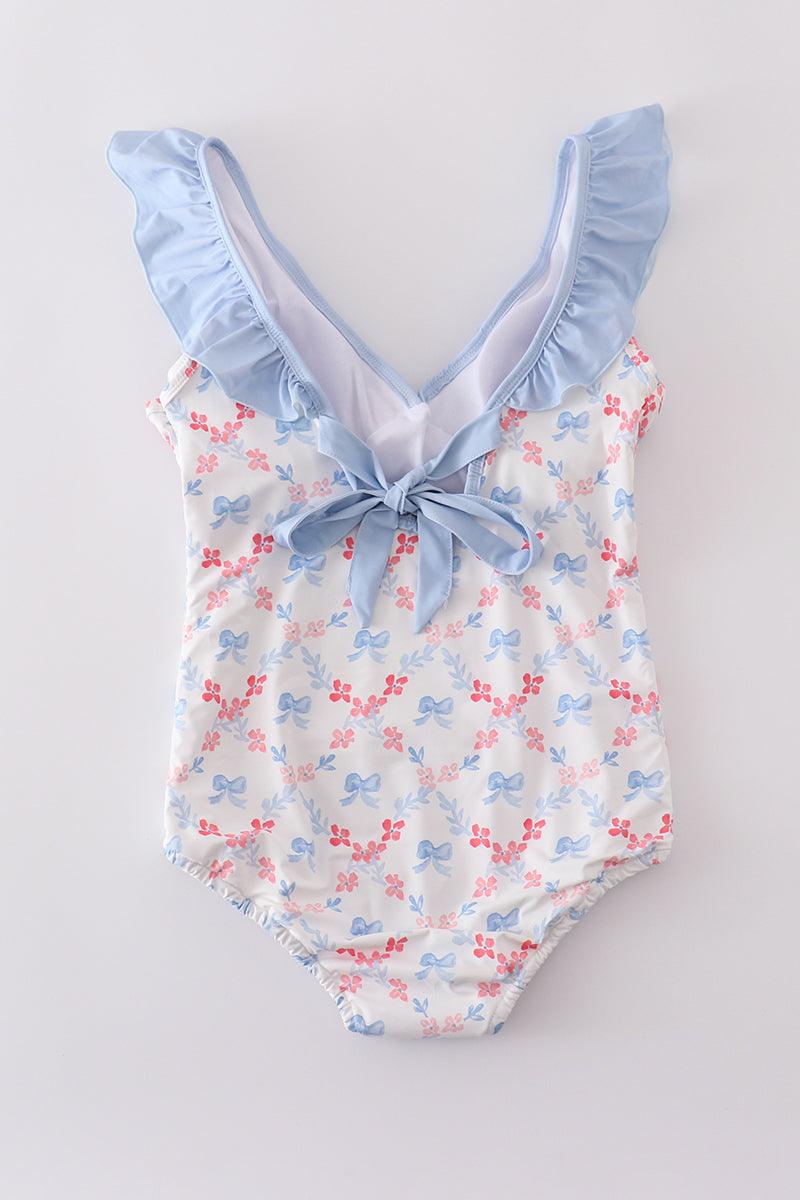 Blue bow lattice print  mom swimsuit - Cloudling Kids Clothing