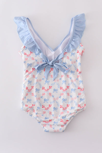Blue bow lattice print  mom swimsuit - Cloudling Kids Clothing