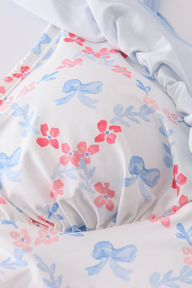 Blue bow lattice print  mom swimsuit - Cloudling Kids Clothing