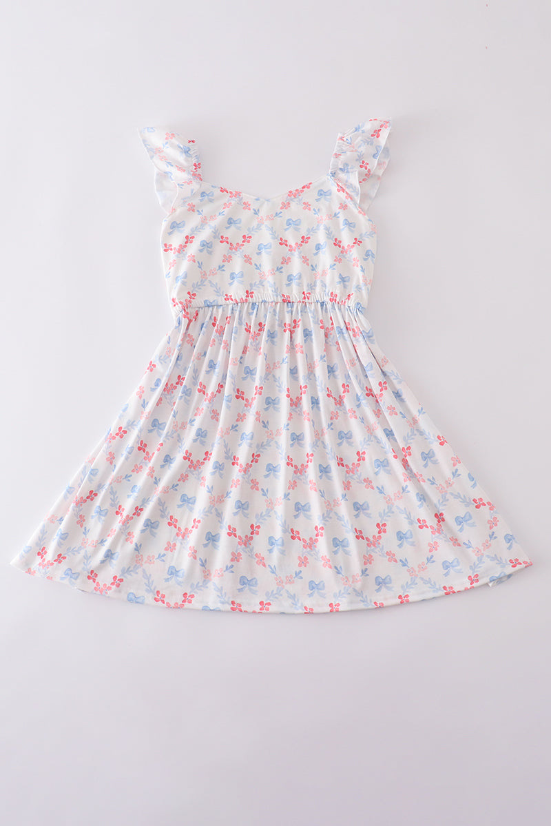 Blue bow lattice print  mom&me dress - Cloudling Kids Clothing