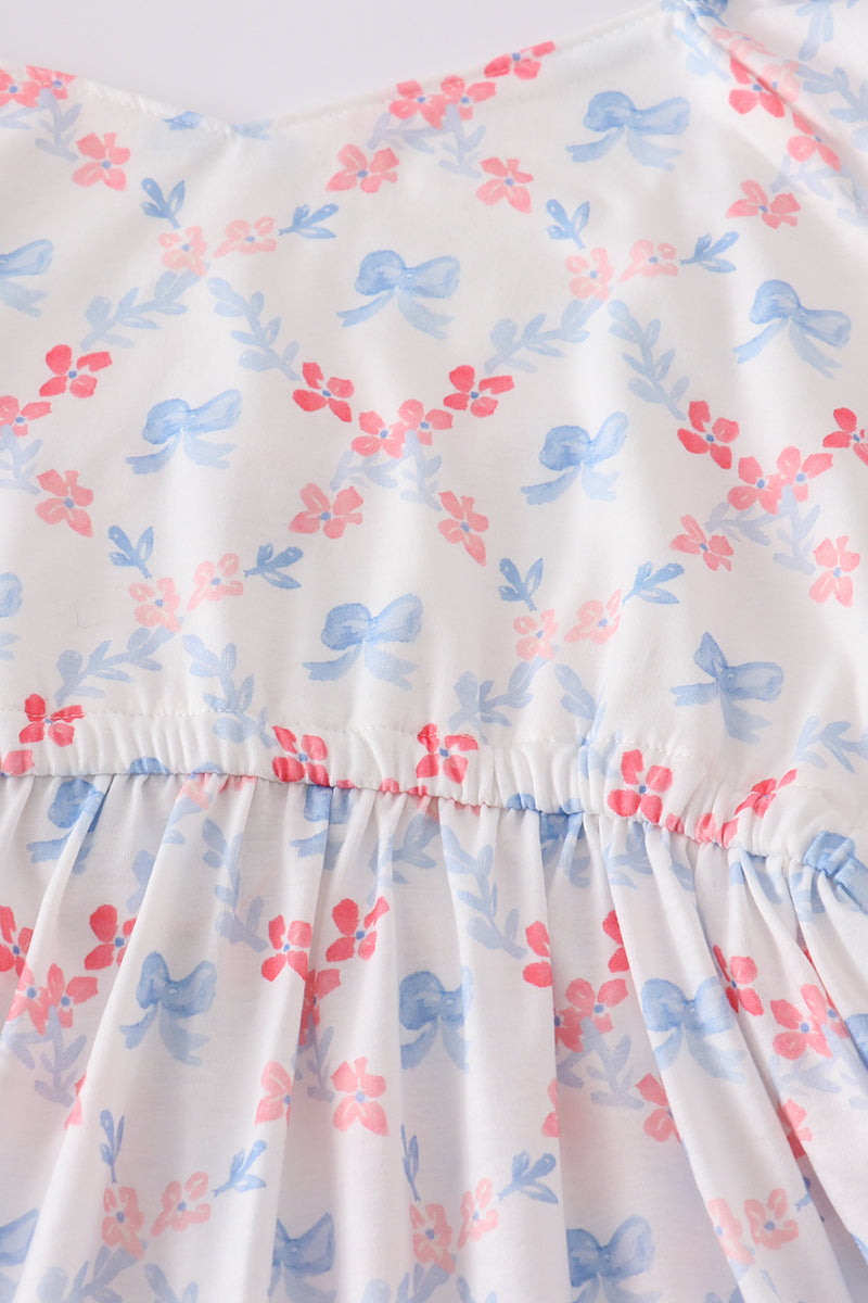 Blue bow lattice print  mom&me dress - Cloudling Kids Clothing