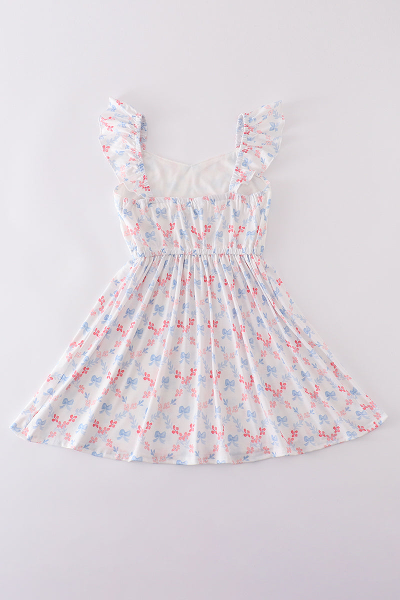 Blue bow lattice print  mom&me dress - Cloudling Kids Clothing