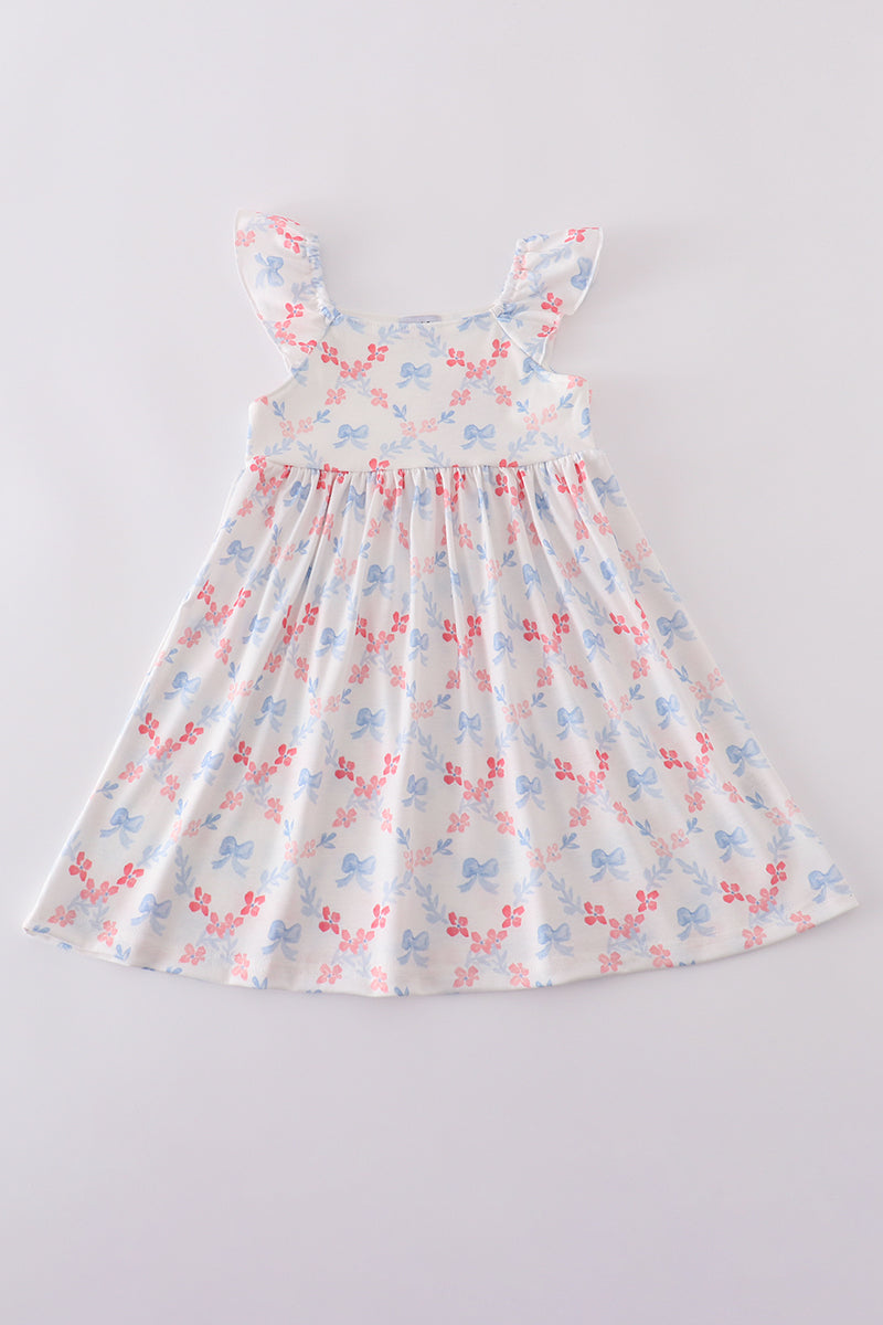 Blue bow lattice print  mom&me dress - Cloudling Kids Clothing
