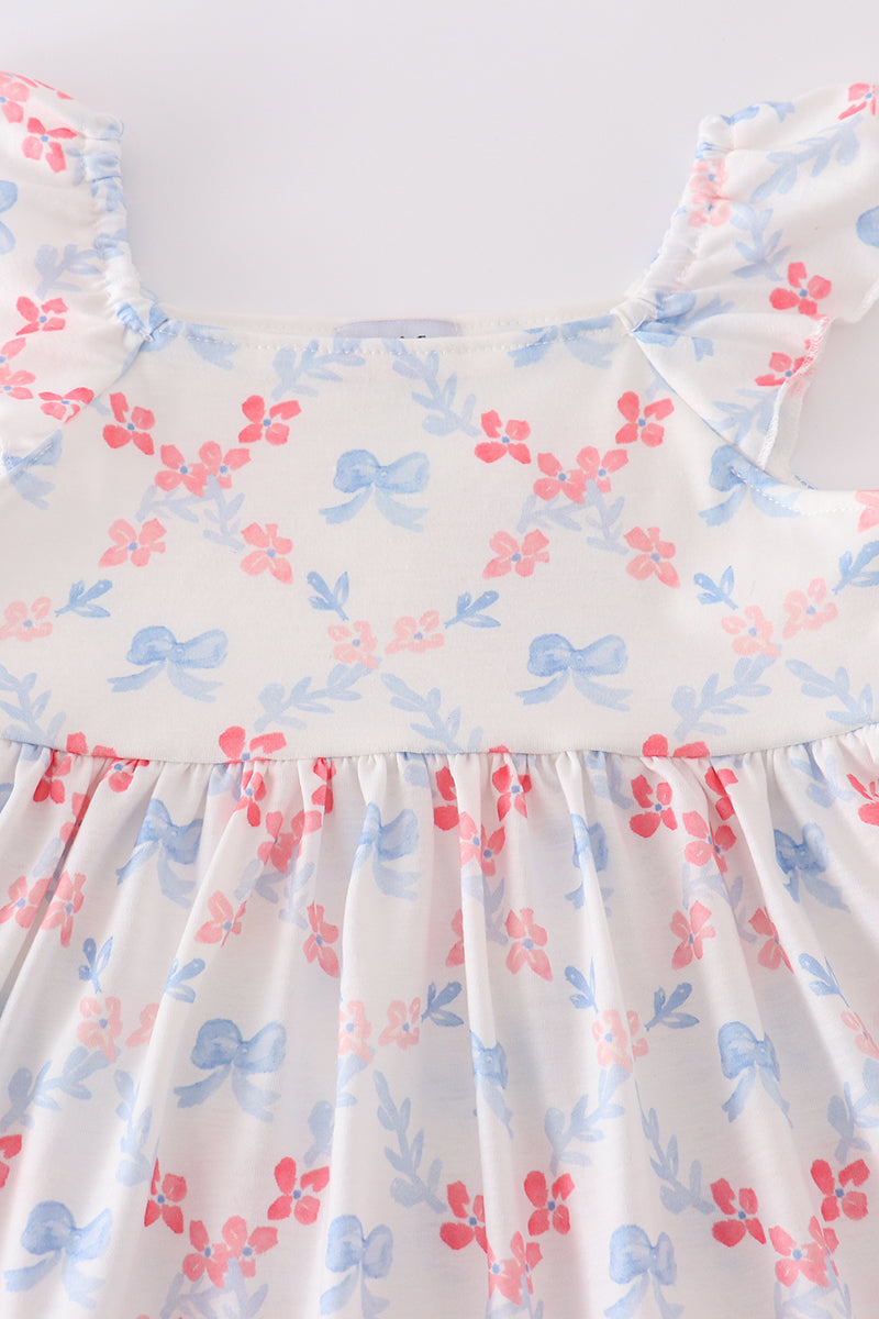 Blue bow lattice print  mom&me dress - Cloudling Kids Clothing