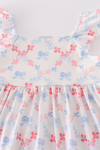 Blue bow lattice print  mom&me dress - Cloudling Kids Clothing