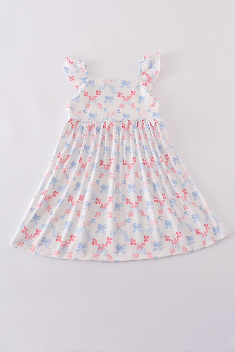Blue bow lattice print  mom&me dress - Cloudling Kids Clothing