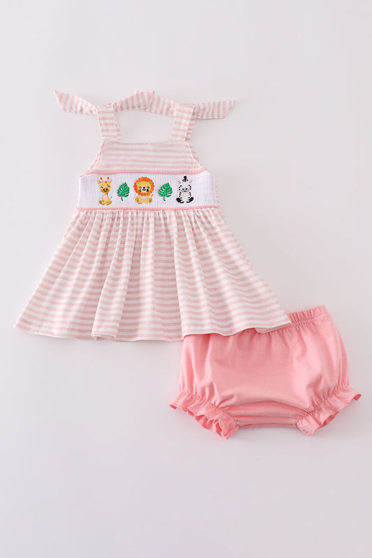 Pink stripe animal embroidery smocked bloomer set - Cloudling Kids Clothing