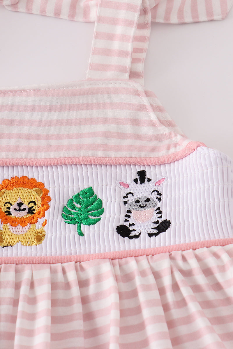 Pink stripe animal embroidery smocked bloomer set - Cloudling Kids Clothing