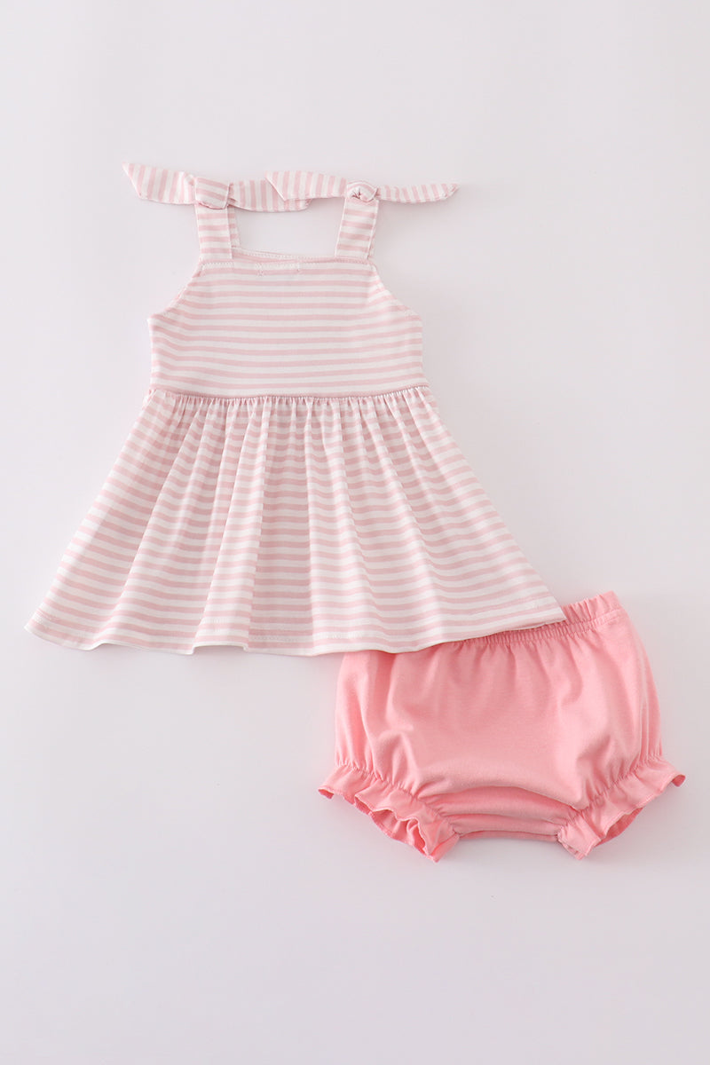 Pink stripe animal embroidery smocked bloomer set - Cloudling Kids Clothing